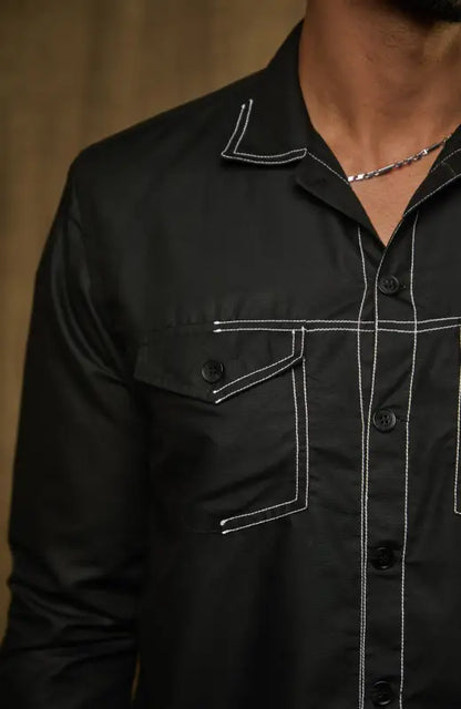 Black Bitty Work Shirt featuring white thread detailing and dash-line accents