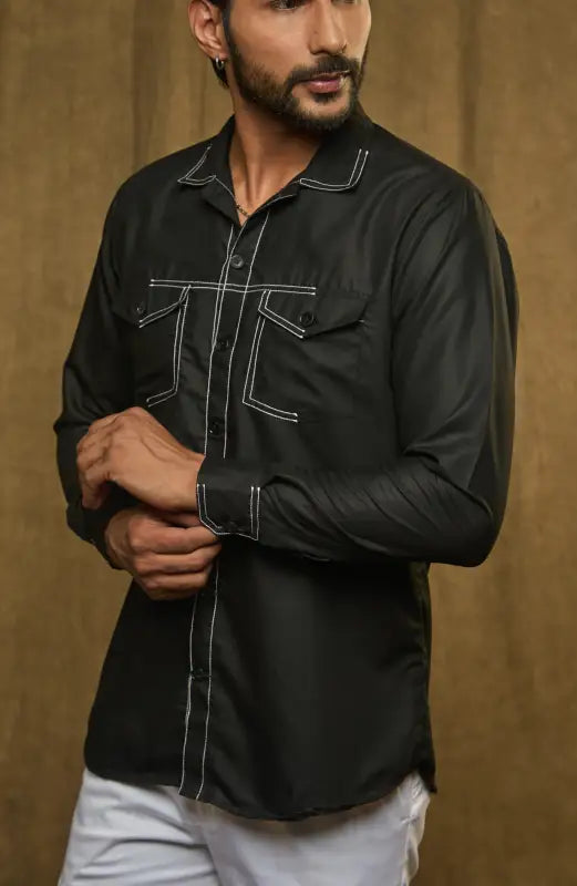 Black denim Bitty Work Shirt featuring thread detailing and contrasting dash-line accents