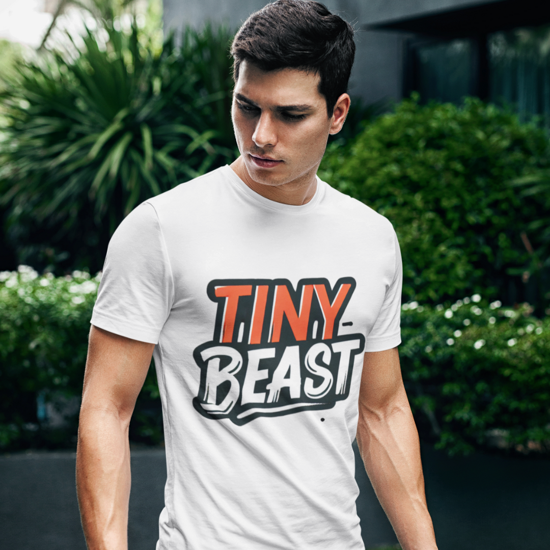 Men’s White T-Shirt with Bold Tiny Beast Typography Print - Printed T-Shirt