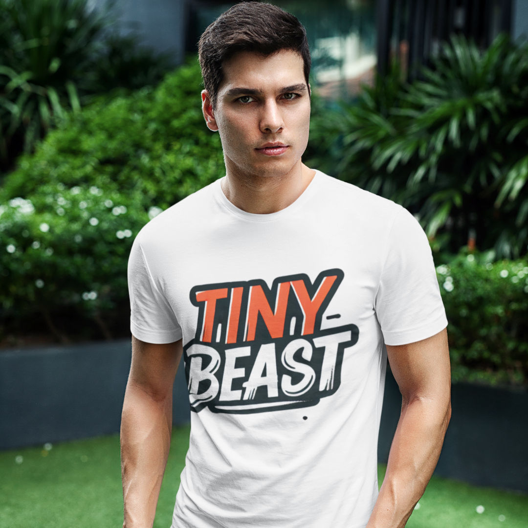 Men’s White T-Shirt with Bold Tiny Beast Typography Print - Printed T-Shirt