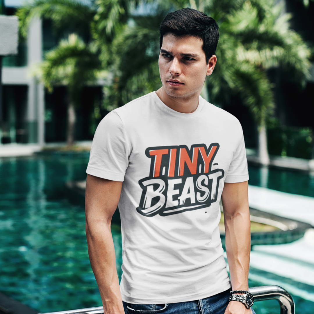 Men’s White T-Shirt with Bold Tiny Beast Typography Print - Printed T-Shirt