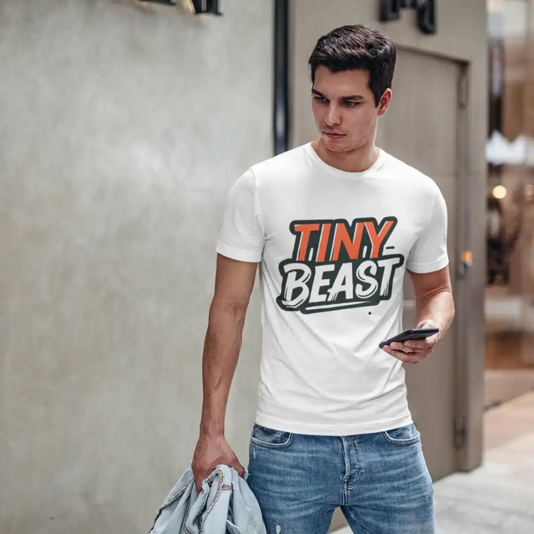 Men’s White T-Shirt with Bold Tiny Beast Typography Print - Printed T-Shirt