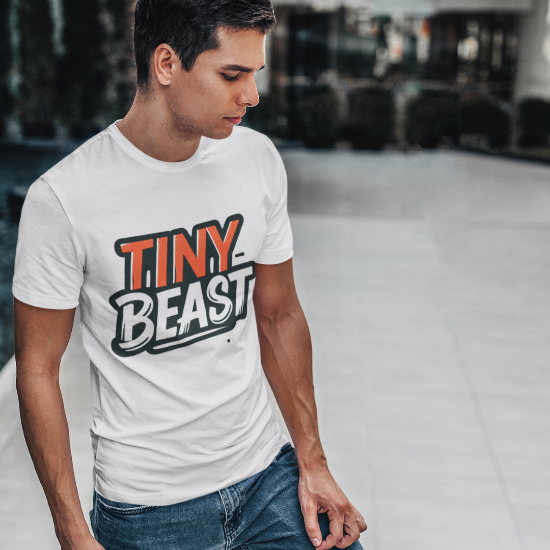 Men’s White T-Shirt with Bold Tiny Beast Typography Print - Printed T-Shirt