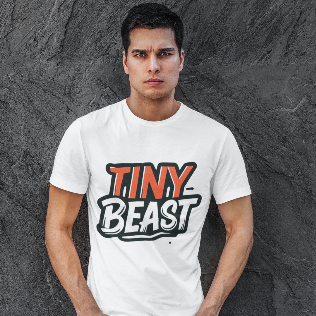 Men’s White T-Shirt with Bold Tiny Beast Typography Print - S / White - Printed T-Shirt