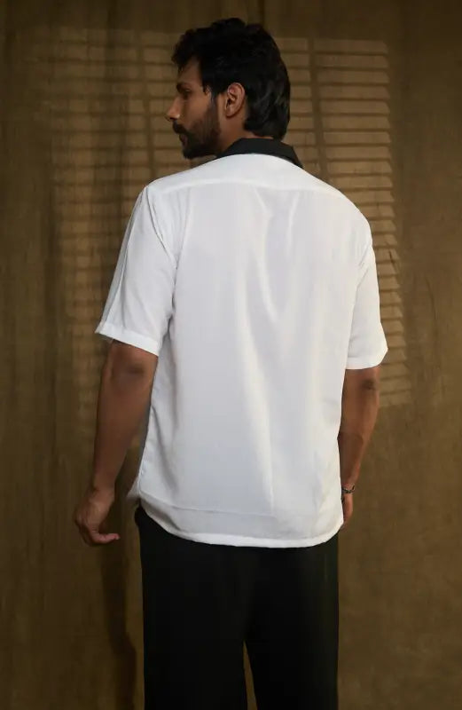 White short-sleeved Prototype Classic Shirt with Black Collar Utility worn backwards