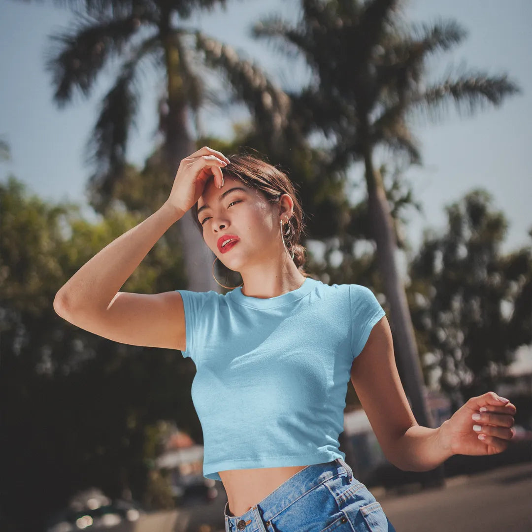 Women’s Premium Solid Sky Blue Crop Top Short Sleeve - XS / Sky Blue - Crop Top